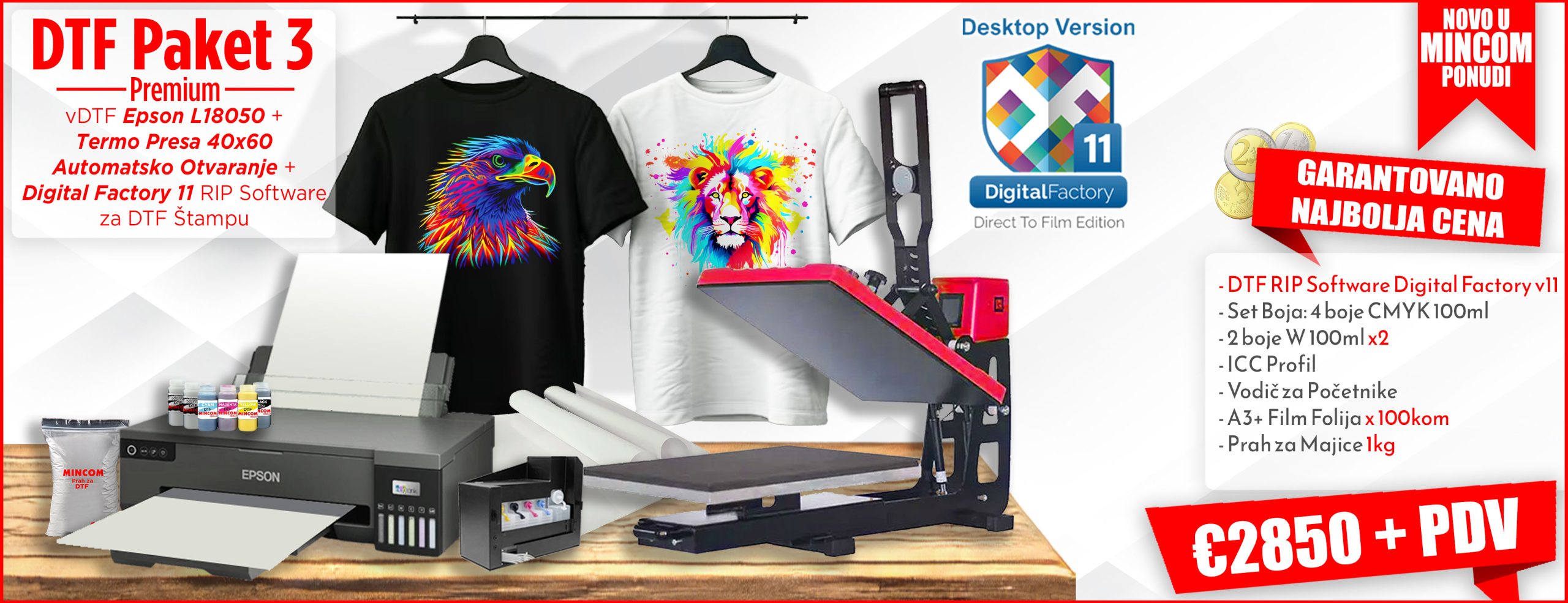 DTF Paket 3 Premium Epson L18050 i Digital Factory 11 i Termo Presa 40x60 Automatsko Otvaranje