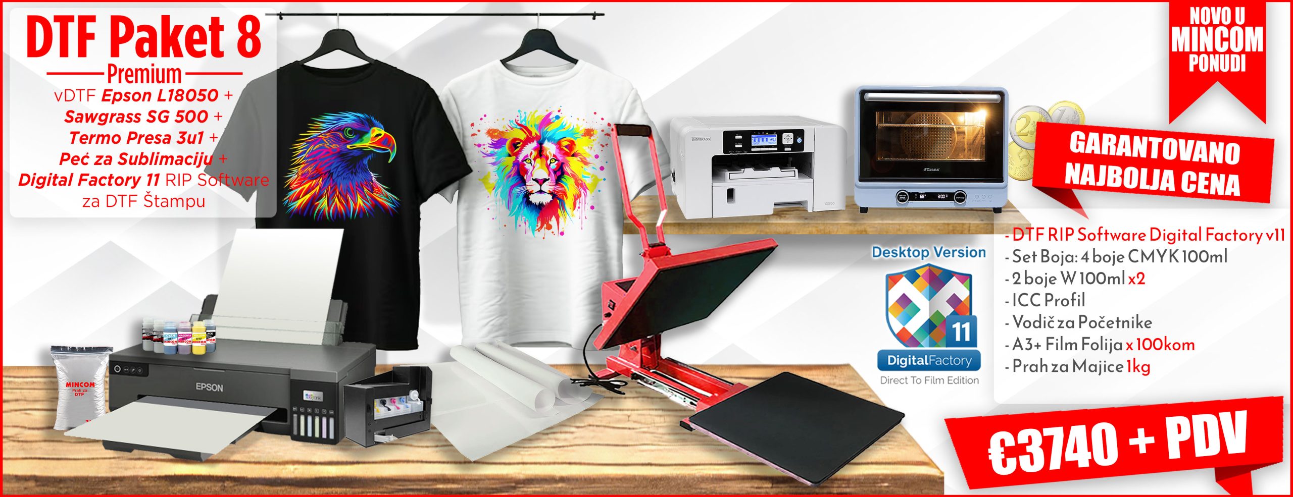 DTF Paket 8 Premium Epson L18050 i Digital-Factory 11 i Termo Presa 3u1 sa ladicom i Sawgrass SG500