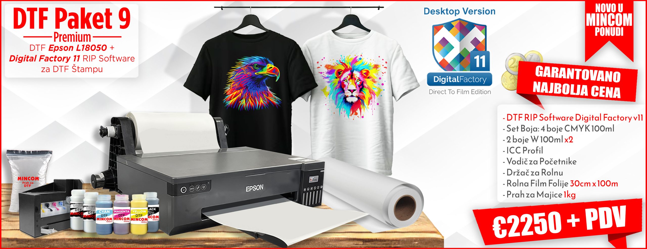 DTF Paket 9 Premium EPSON L18050 sa rolnom i Digital Factory v11 za DTF Štampu