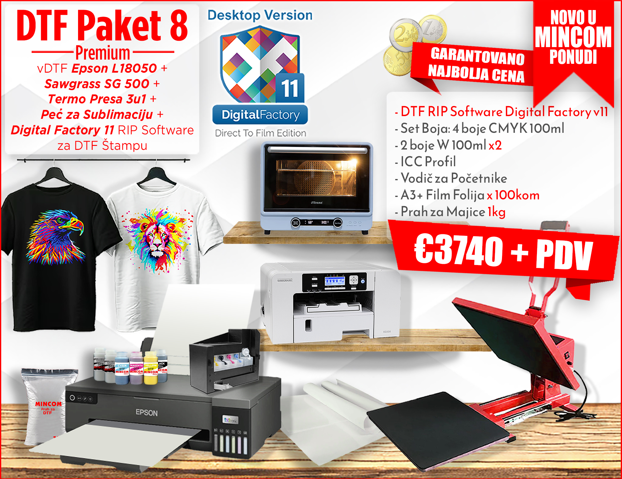 DTF Štampač Premium EPSON L18050 i Digital Factory 11 I Termo Presa 3u1 sa ladicom i Sawgrass SG500 Paket 8