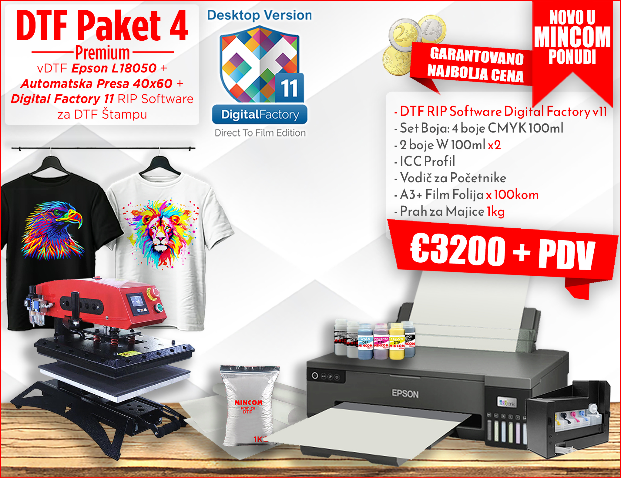 DTF Štampač Premium EPSON L18050 i Digital Factory 11 i Automatska Presa 40x60 Paket 4