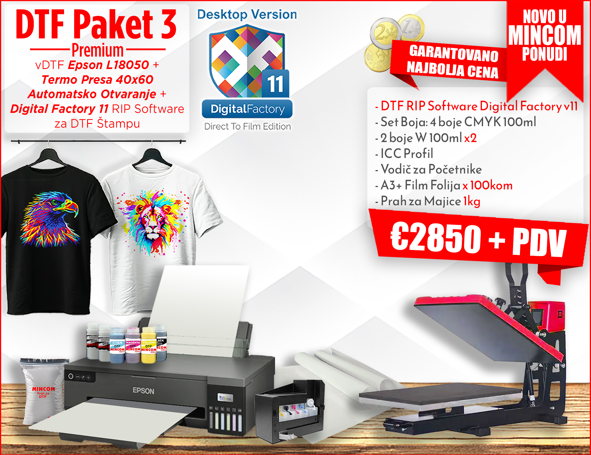 Mincom DTF Paket 3 Premium Epson-L18050 i Digital-Factory 11 i Termo Presa 40x60 Automatsko Otvaranje